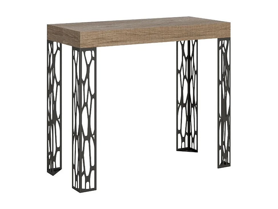 Console extensible design bois et acier anthracite Kiza-Couleur Naturel-4 pieds-3 rallonges