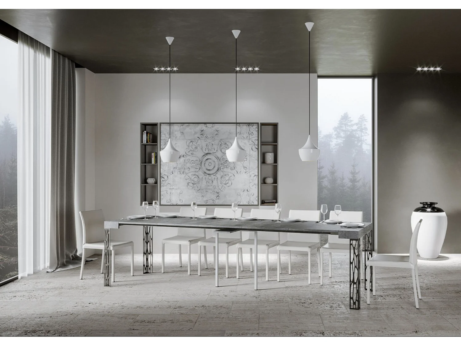 Console extensible design bois et acier anthracite Kiza-Couleur Gris ciment-4 pieds-5 rallonges