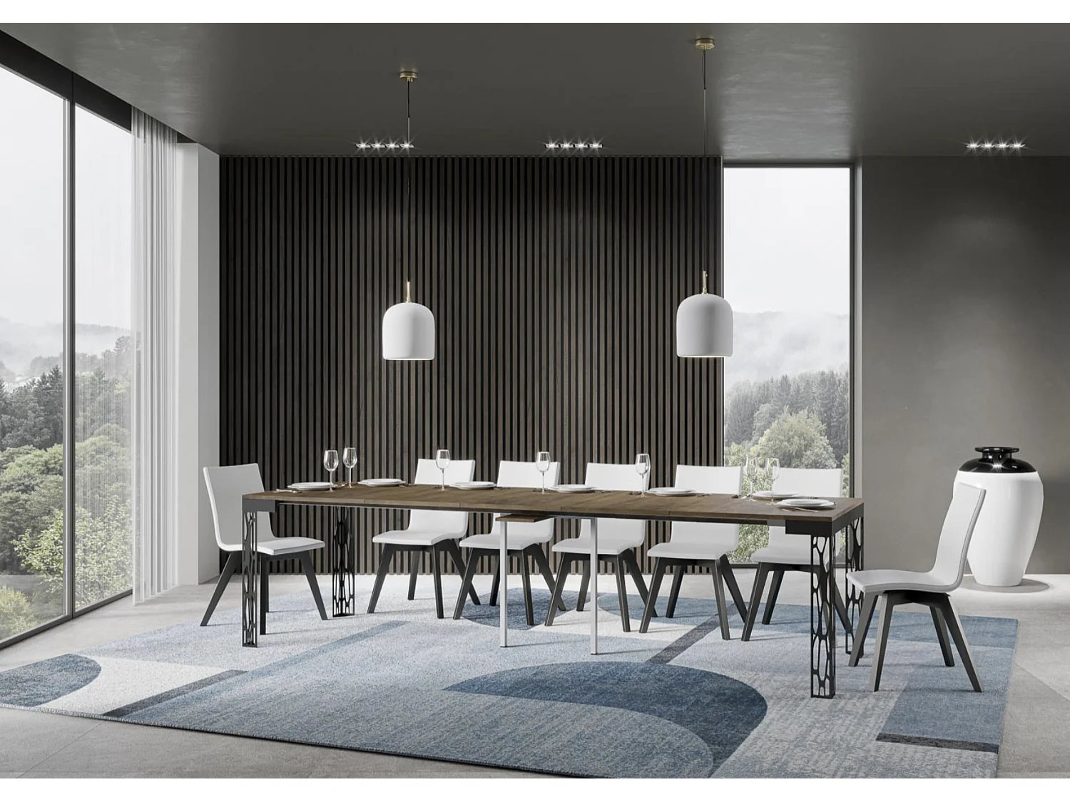 Consola extensible de diseño en madera y acero antracita Kiza Evolution-Color Marrón-Soporte 4 pies-Alargaderas 5 extensiones