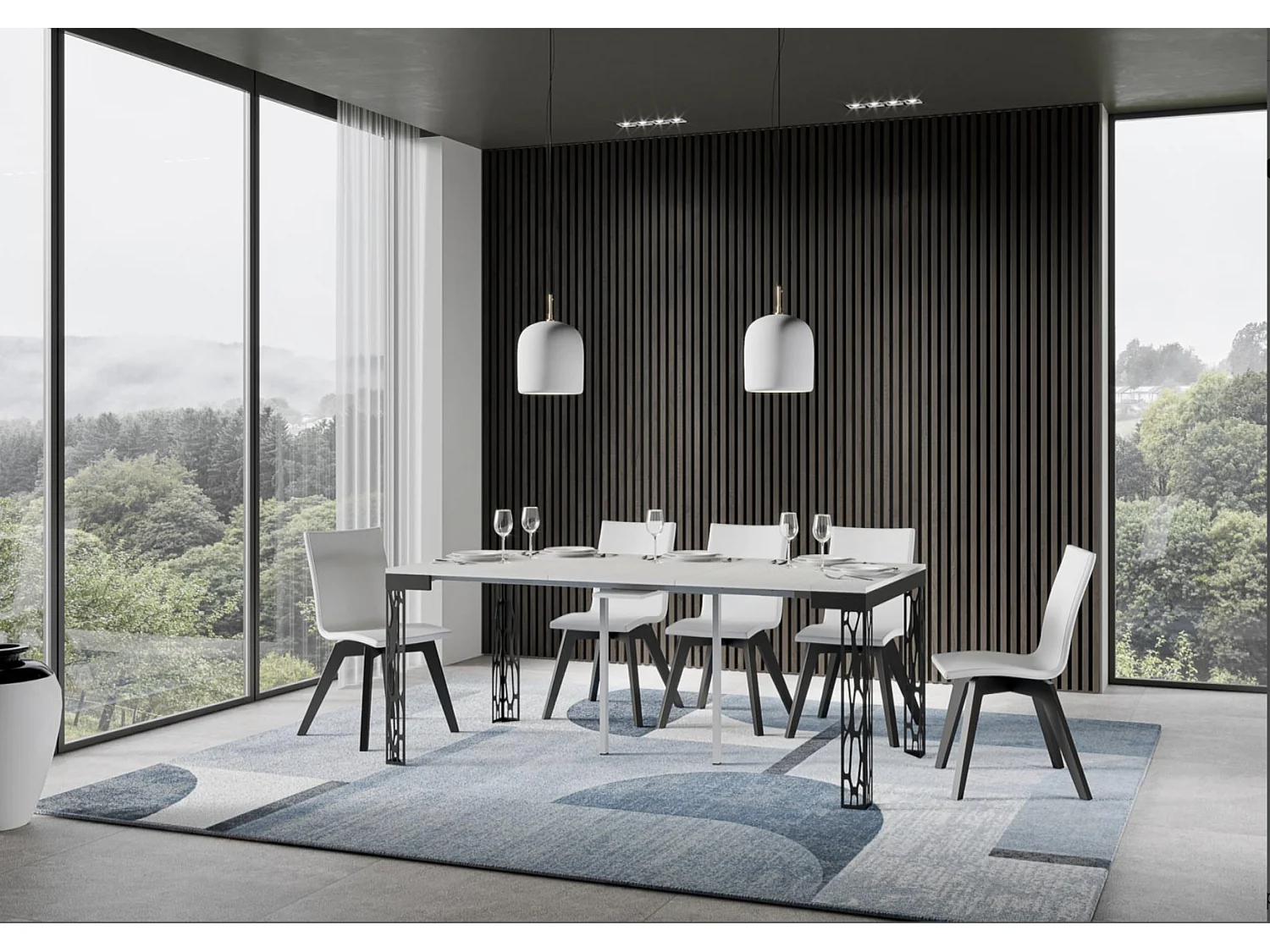 Console extensible design bois et acier anthracite Kiza evolution-Couleur Blanc-4 pieds-5 rallonges