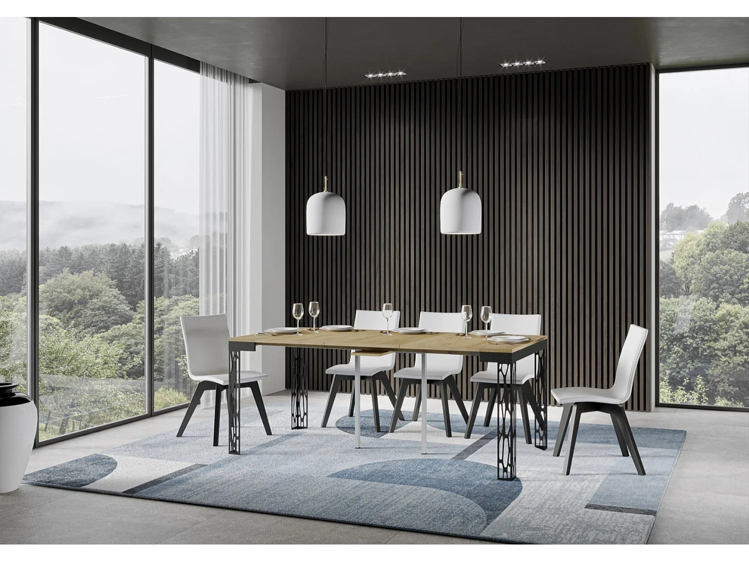 Console extensible design bois et acier anthracite Kiza evolution-Couleur Blanc-4 pieds-5 rallonges