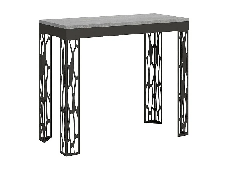 Uitschuifbaar consoleontwerp in hout en antraciet staal Kiza evolution-Kleur Cementgrijs-Steun 4 voet-Verlengsnoeren 3 uitbreidingen