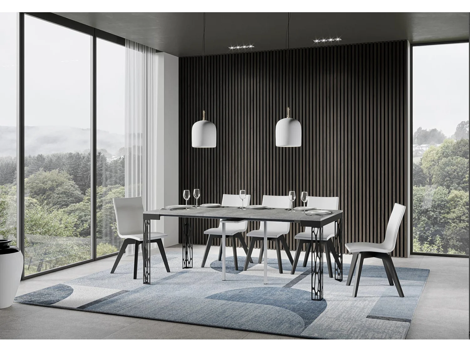 Console extensible design bois et acier anthracite Kiza evolution-Couleur Gris ciment-4 pieds-3 rallonges