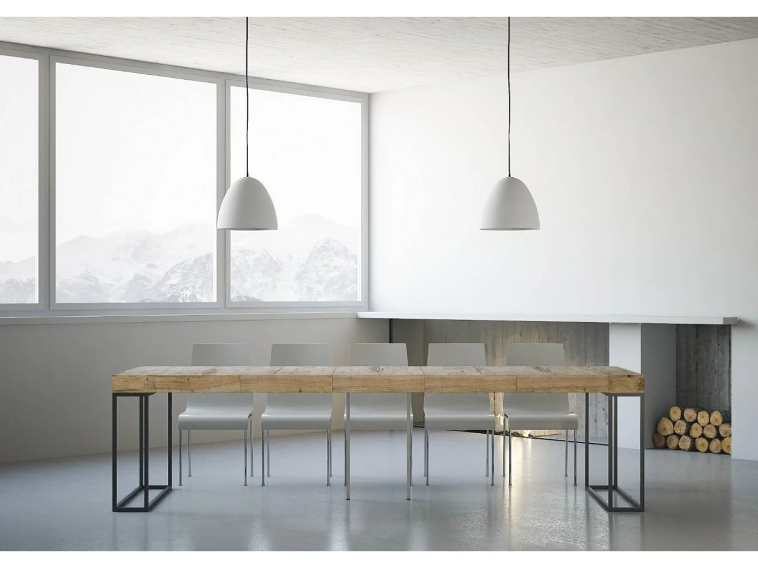 Console extensible bois et 3 pieds acier anthracite Epika-Couleur Naturel-4 pieds-5 rallonges épaisses