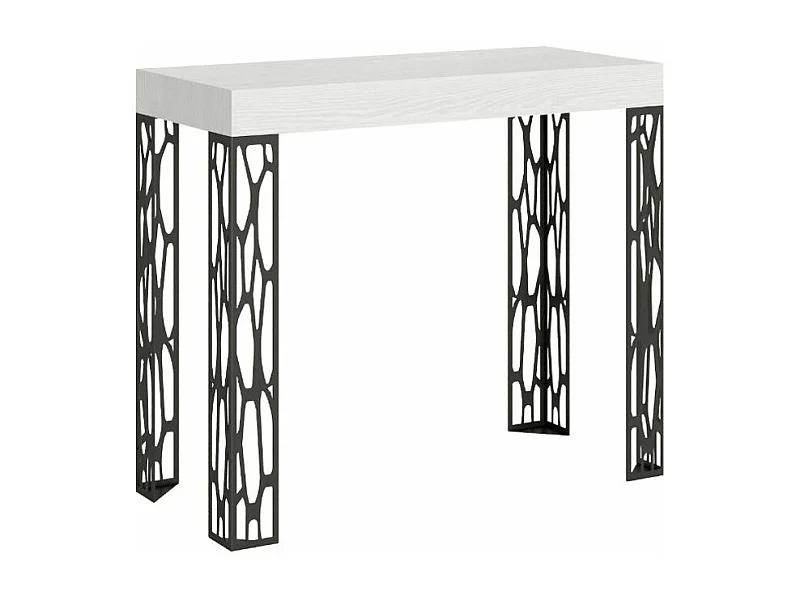 Consola extensible de diseño en madera y acero antracita Kiza-Color Blanco-Soporte 4 pies-Alargaderas 5 extensiones
