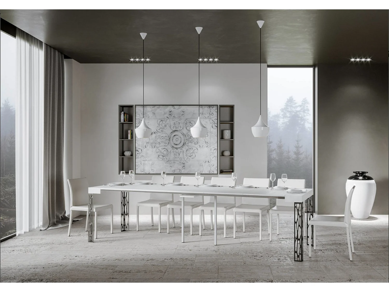 Console extensible design bois et acier anthracite Kiza-Couleur Blanc-4 pieds-5 rallonges