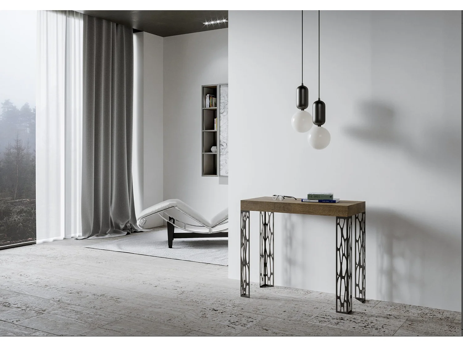 Console extensible design bois et acier anthracite Kiza-Couleur Blanc-4 pieds-5 rallonges