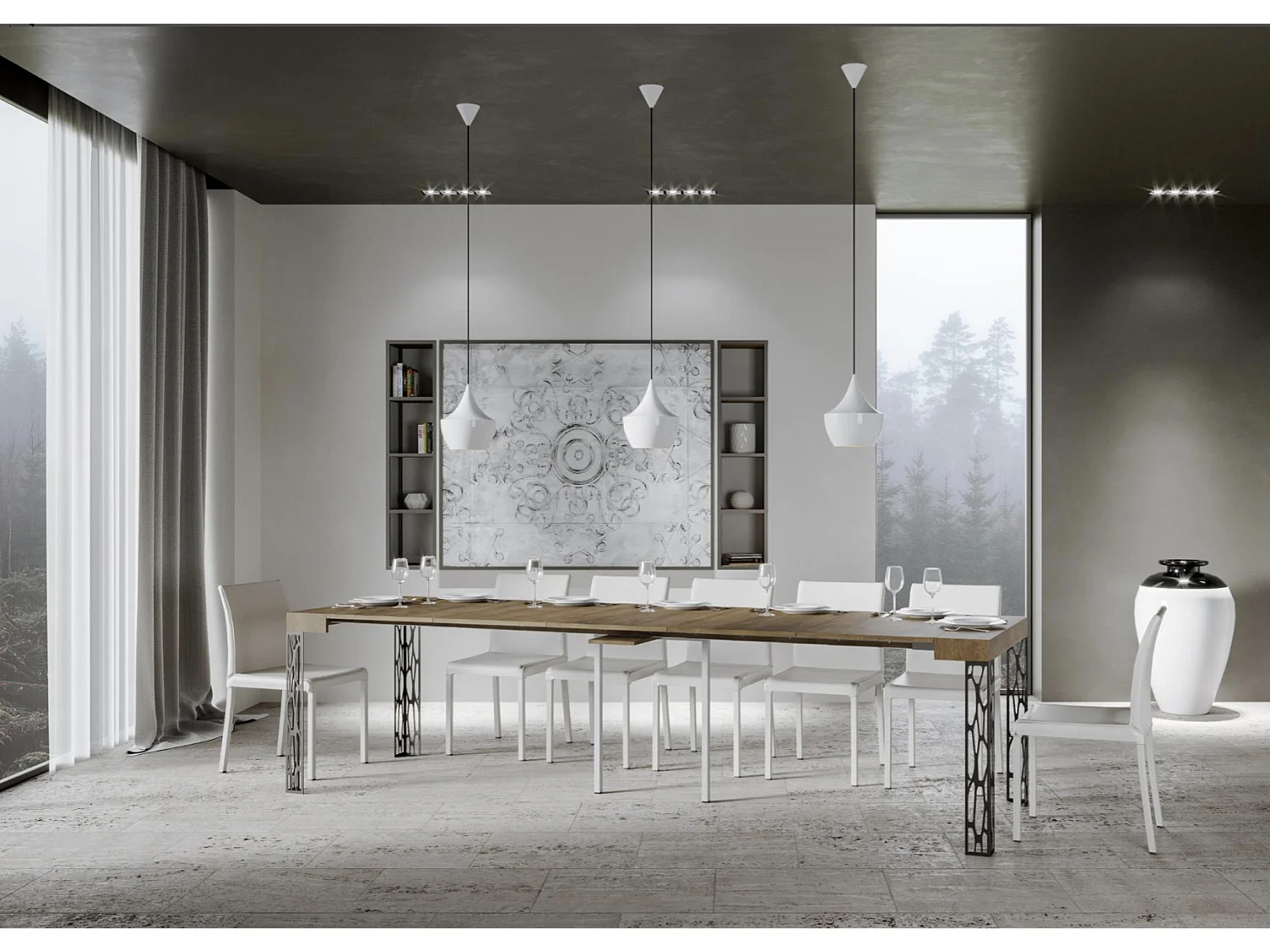 Console extensible design bois et acier anthracite Kiza-Couleur Blanc-4 pieds-5 rallonges