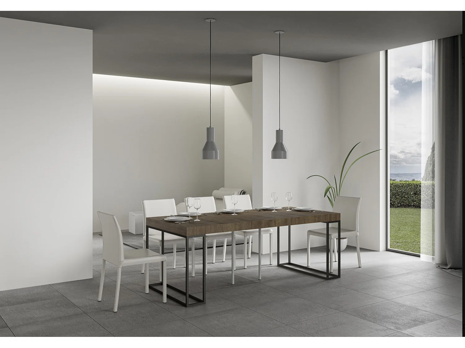 Consola Epika extensible de madera y 3 patas de acero antracita-Color Marrón-Soporte 4 pies-3 alargaderas gruesas