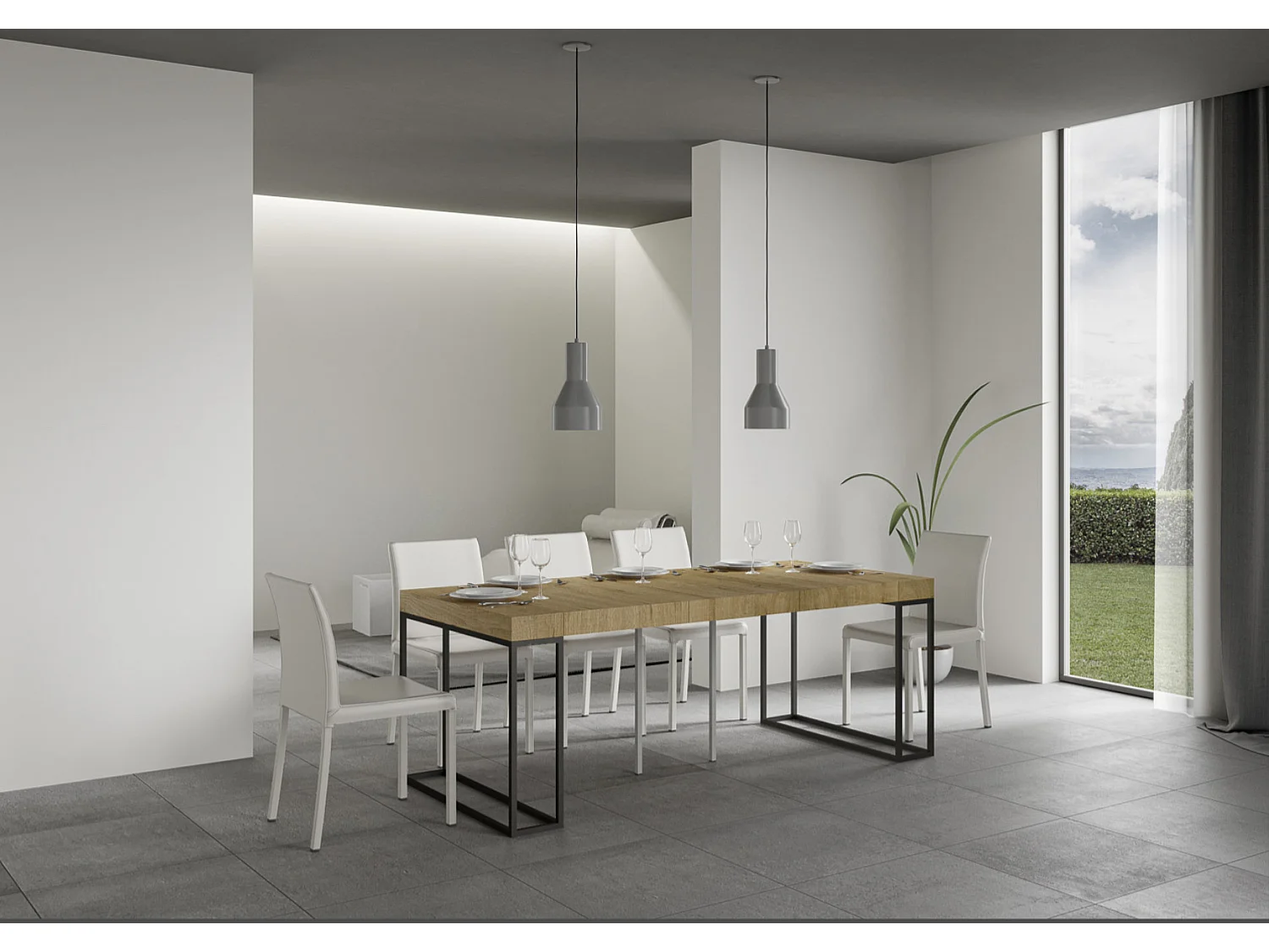 Consola Epika extensible de madera y 3 patas de acero antracita-Color Marrón-Soporte 4 pies-3 alargaderas gruesas