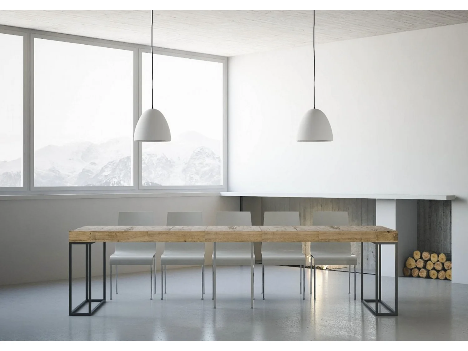 Consola Epika extensible de madera y 3 patas de acero antracita-Color Marrón-Soporte 4 pies-3 alargaderas gruesas