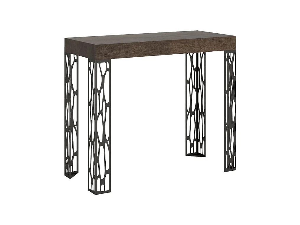 Consola extensible de diseño en madera y acero antracita Kiza-Color Marrón-Soporte 4 pies-Alargaderas 3 extensiones
