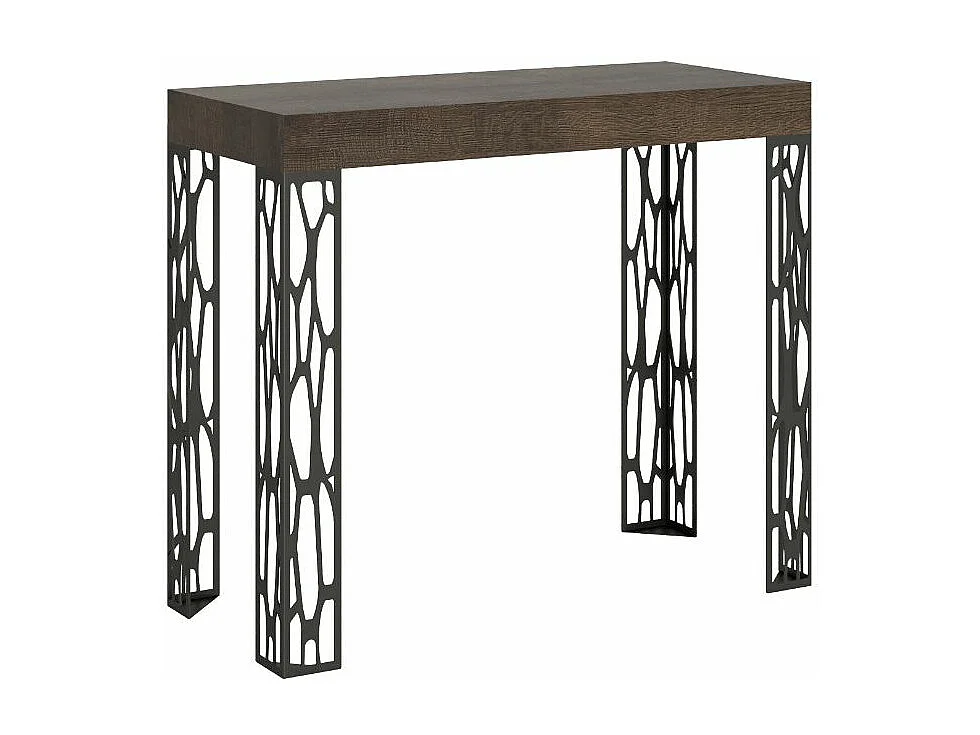 Console extensible design bois et acier anthracite Kiza-Couleur Marron-Sur roulettes-3 rallonges