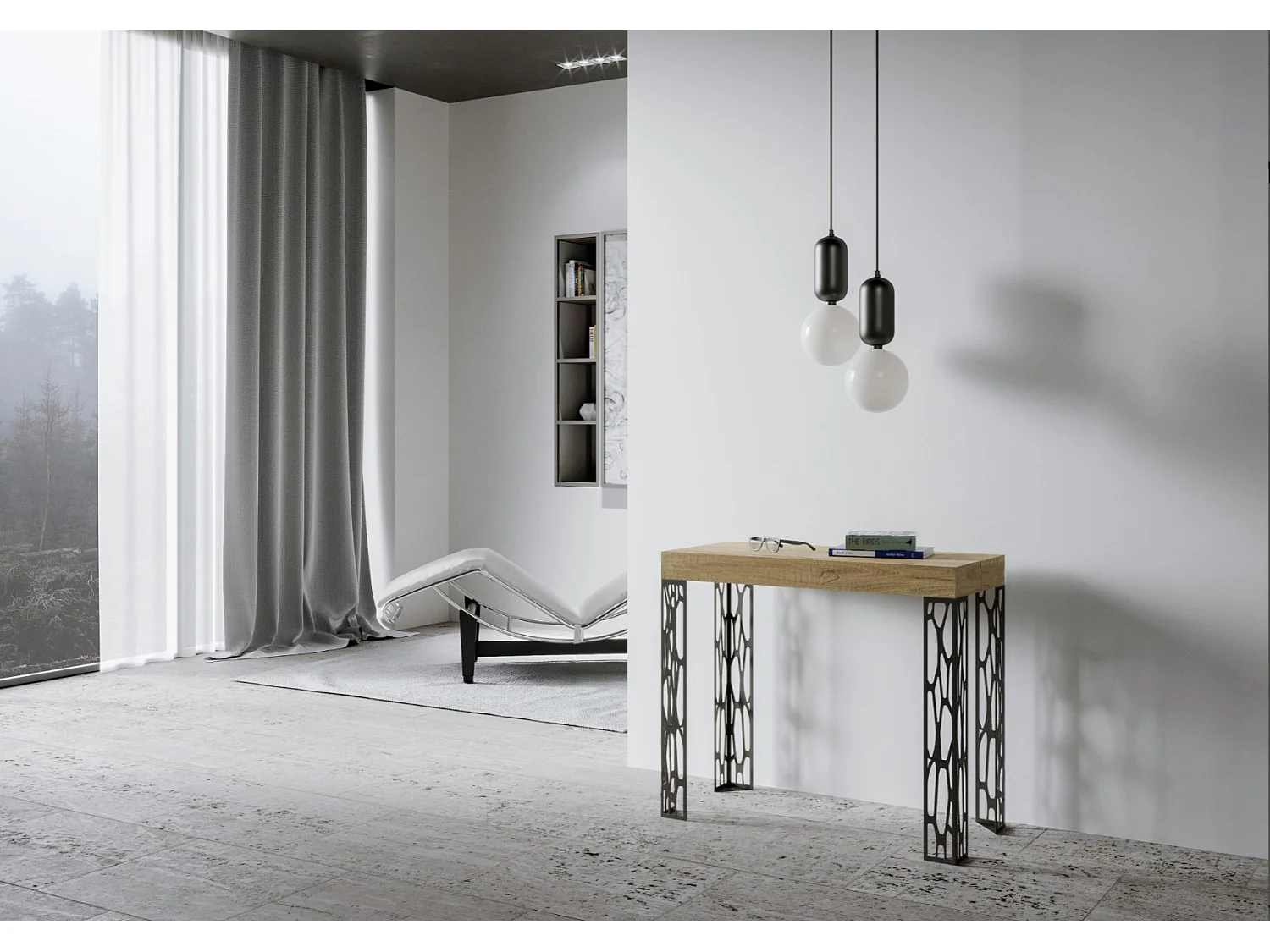 Console extensible design bois et acier anthracite Kiza-Couleur Naturel-Sur roulettes-3 rallonges