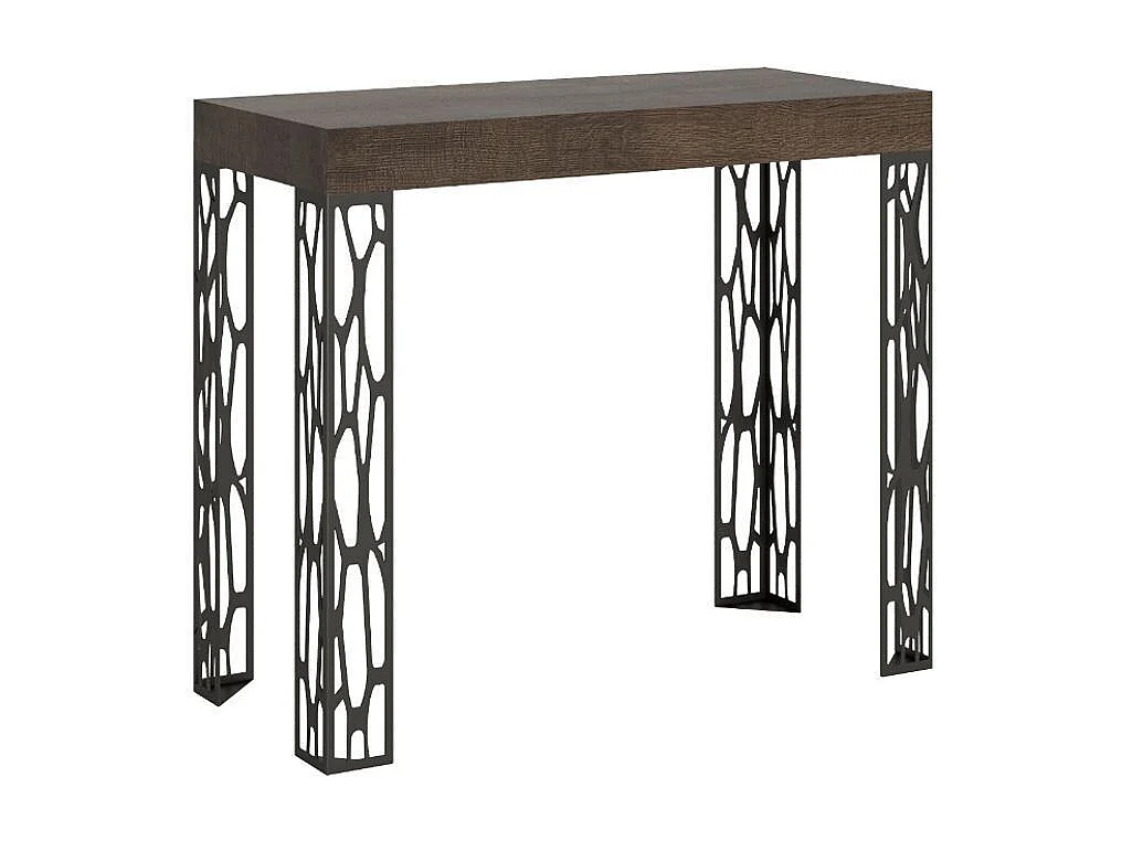 Console extensible design bois et acier anthracite Kiza-Couleur Naturel-Sur roulettes-3 rallonges