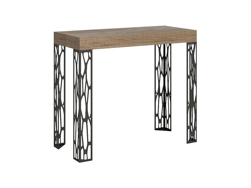 Console extensible design bois et acier anthracite Kiza-Couleur Naturel-Sur roulettes-3 rallonges