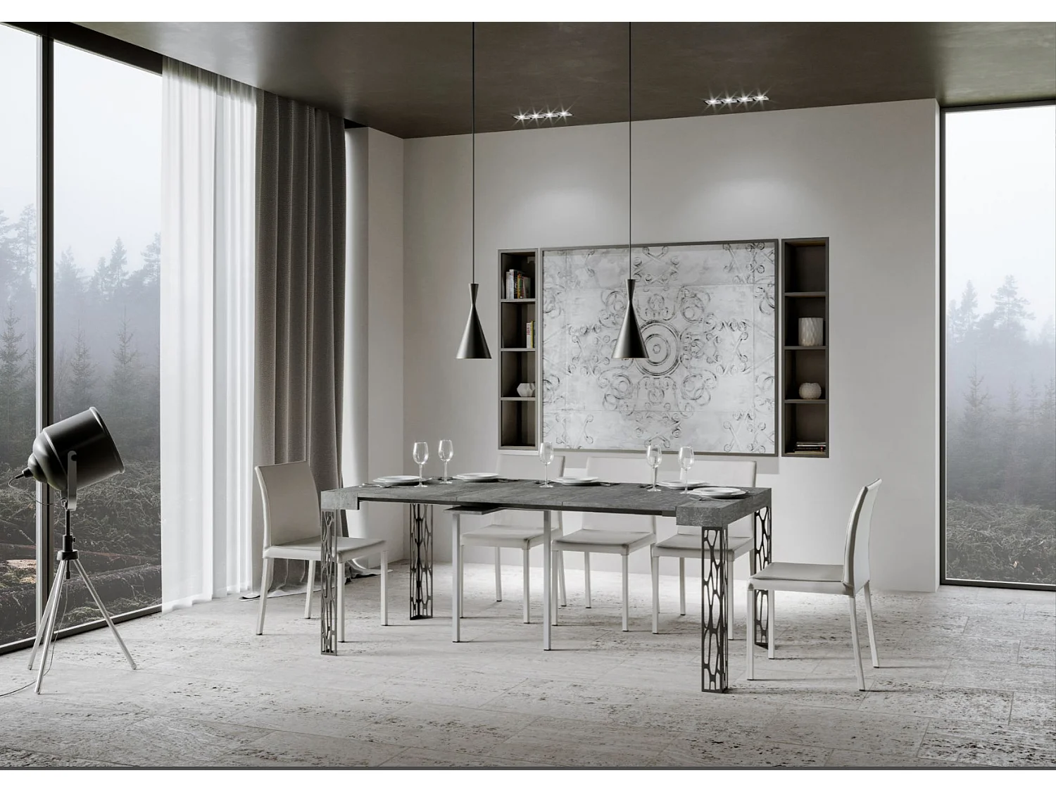 Console extensible design bois et acier anthracite Kiza-Couleur Gris ciment-4 pieds-3 rallonges