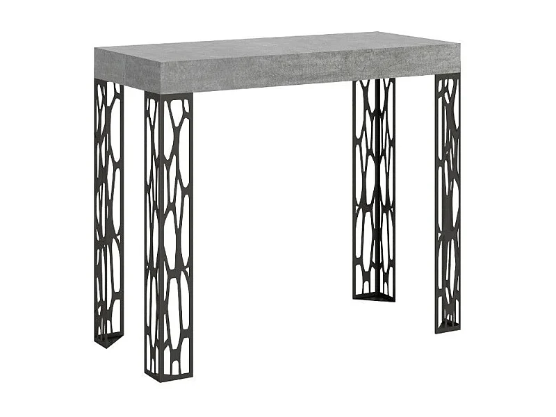 Console extensible design bois et acier anthracite Kiza-Couleur Gris ciment-4 pieds-3 rallonges