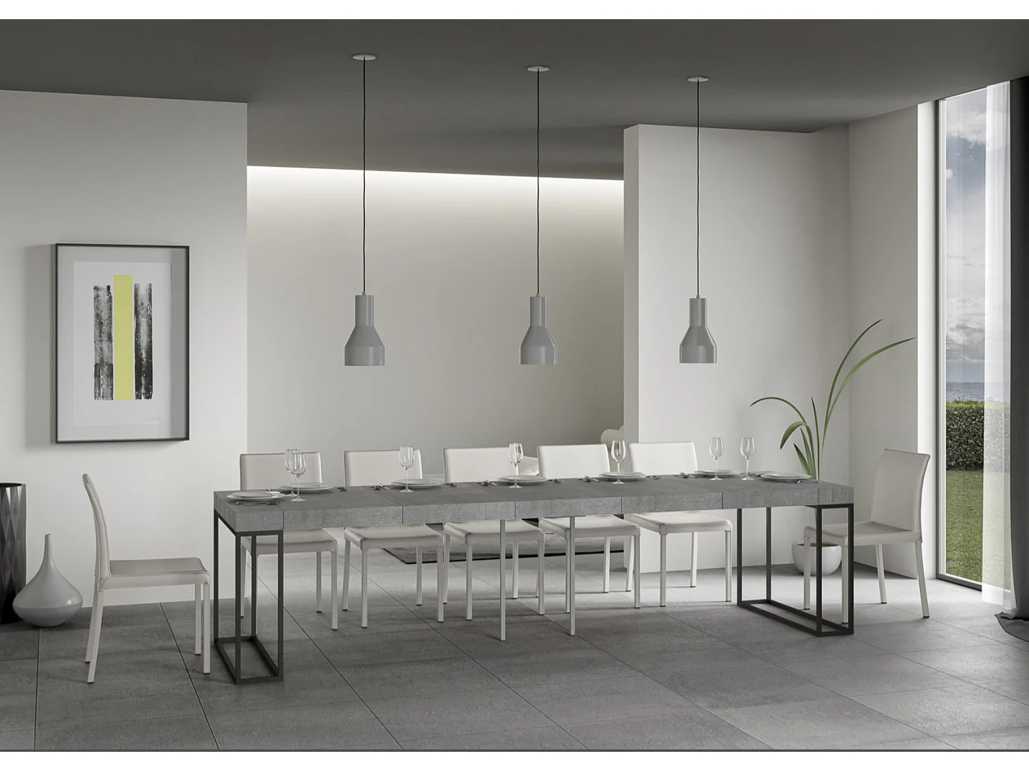 Console extensible bois et 3 pieds acier anthracite Epika-Couleur Gris ciment-4 pieds-5 rallonges épaisses