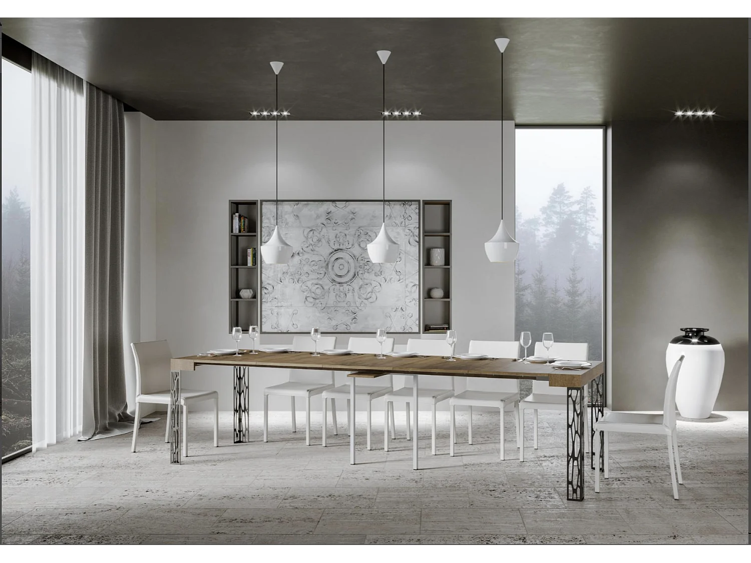 Console extensible design bois et acier anthracite Kiza-Couleur Marron-4 pieds-5 rallonges