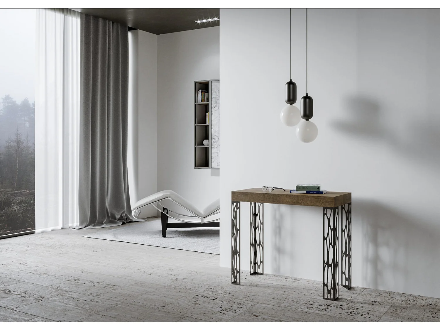 Console extensible design bois et acier anthracite Kiza-Couleur Marron-4 pieds-5 rallonges