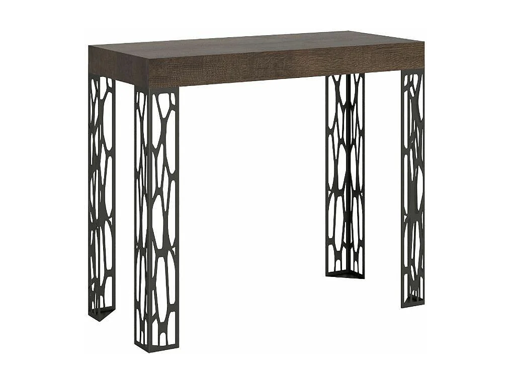 Console extensible design bois et acier anthracite Kiza-Couleur Marron-4 pieds-5 rallonges