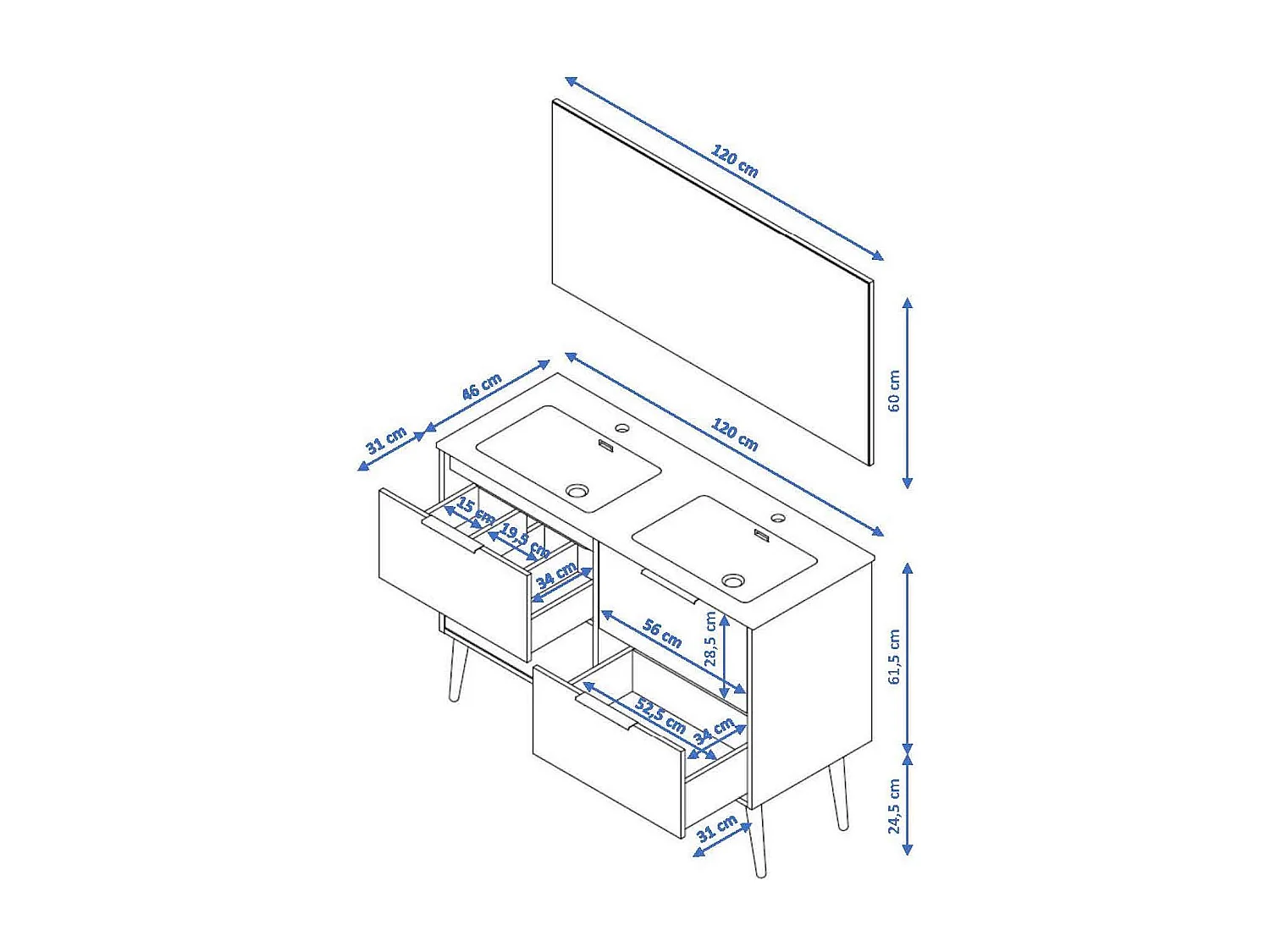 Meuble de salle de bain CONI 4 tiroirs 120 cm chêne T-BATH Inclus lavabo et miroir