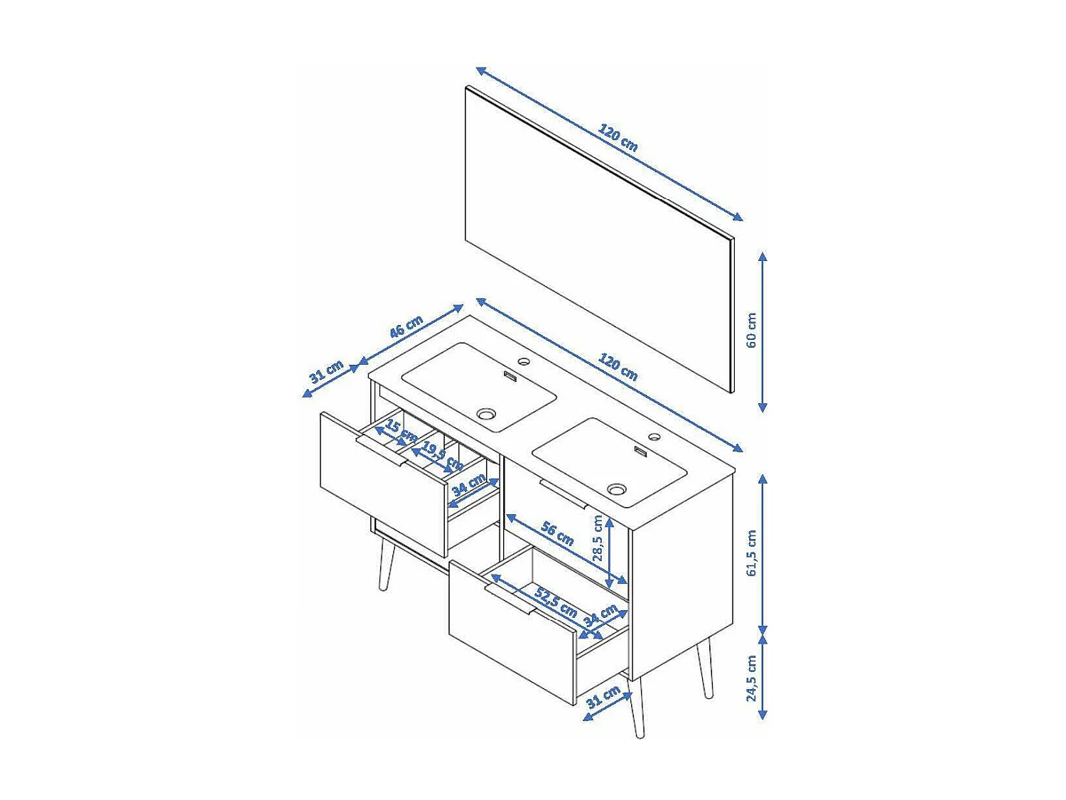 Meuble de salle de bain CONI 4 tiroirs 120 cm chêne T-BATH Inclus lavabo et miroir