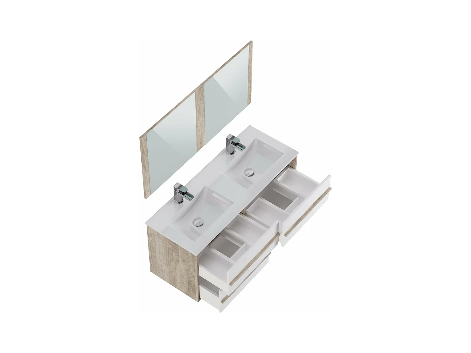 Meuble de salle de bain TAWA 4 tiroirs 120 cm chêne et blanc T-BATH Inclus lavabo acrylique et miroir