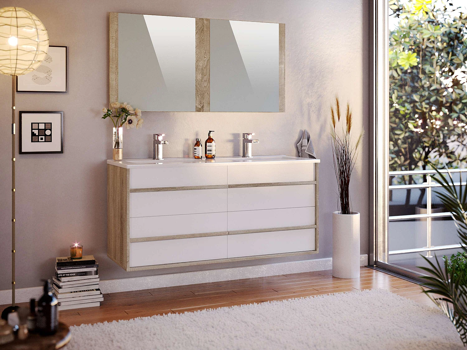 Meuble de salle de bain TAWA 4 tiroirs 120 cm chêne et blanc T-BATH Inclus lavabo acrylique et miroir