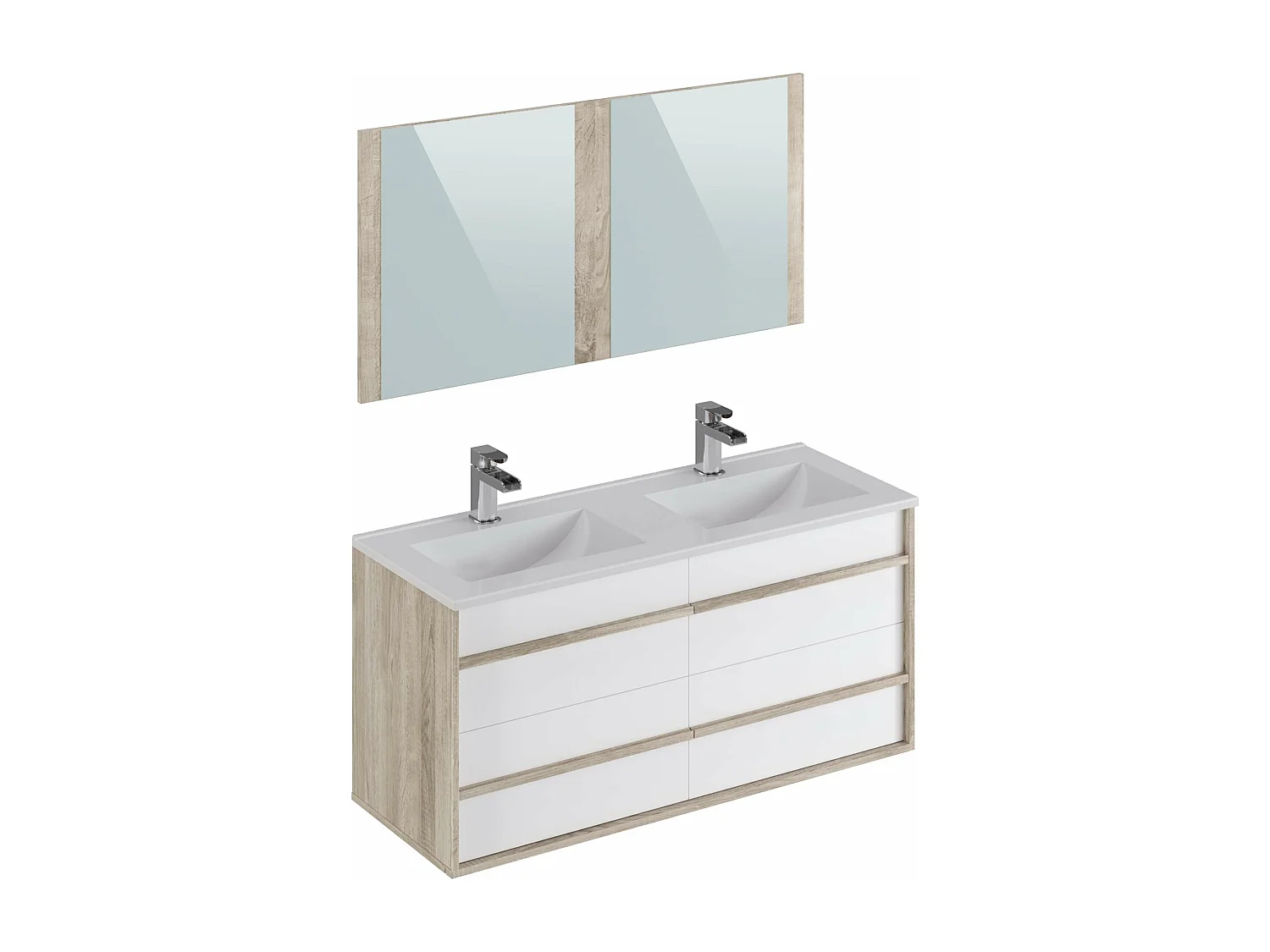 Meuble de salle de bain TAWA 4 tiroirs 120 cm chêne et blanc T-BATH Inclus lavabo acrylique et miroir