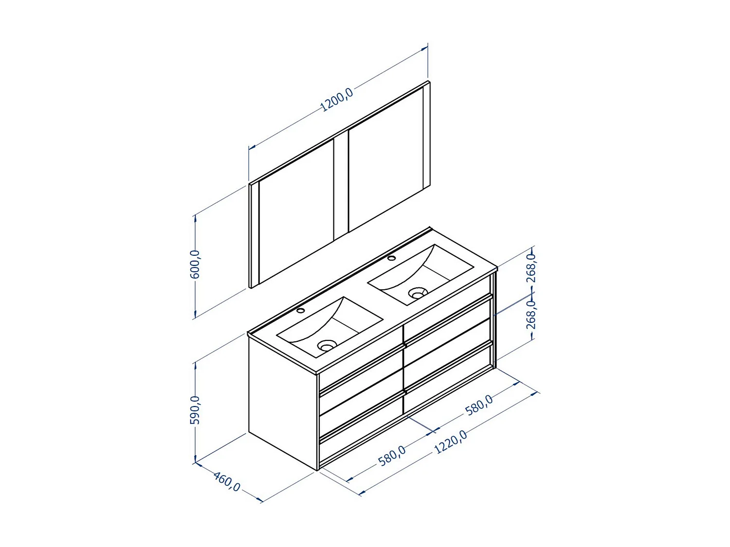 Meuble de salle de bain TAWA 4 tiroirs 120 cm chêne et blanc T-BATH Inclus lavabo acrylique et miroir
