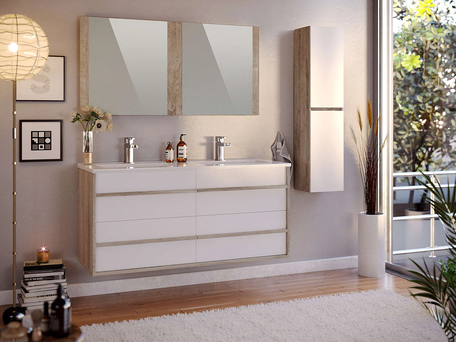 Meuble de salle de bain TAWA 4 tiroirs 120 cm chêne et blanc T-BATH Inclus lavabo acrylique et miroir