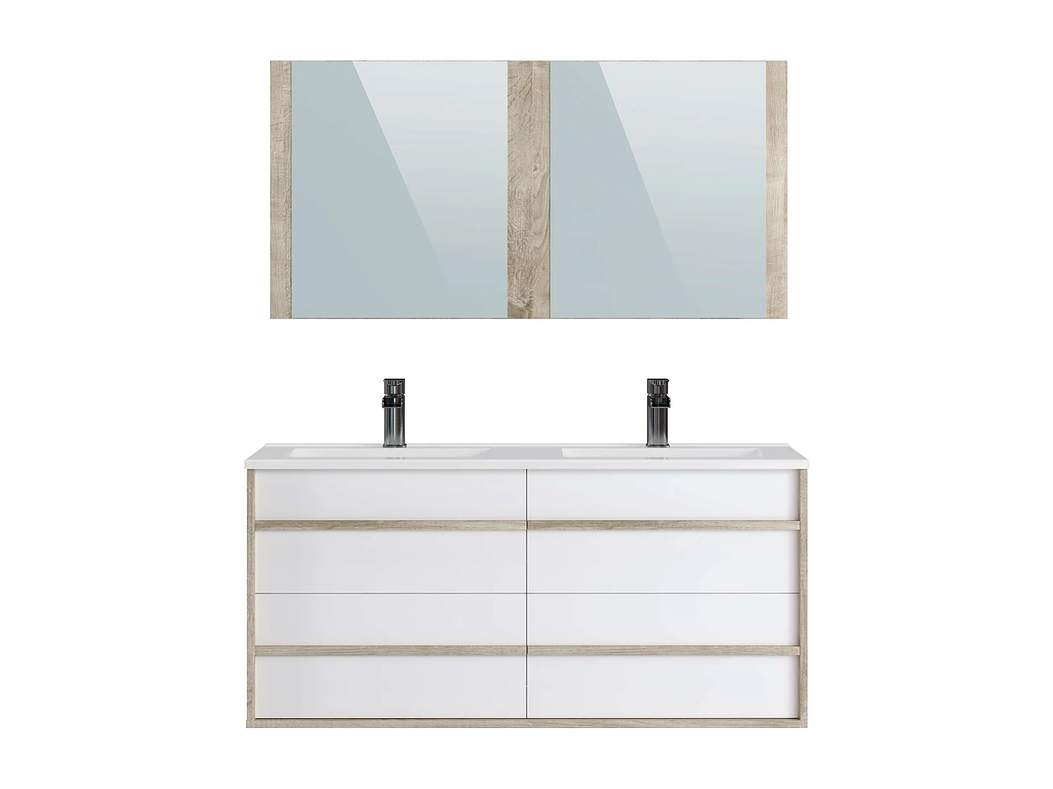 Meuble de salle de bain TAWA 4 tiroirs 120 cm chêne et blanc T-BATH Inclus lavabo acrylique et miroir