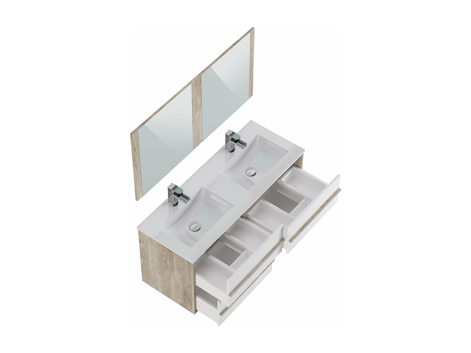 Meuble de salle de bain TAWA 4 tiroirs 120 cm chêne et blanc T-BATH Inclus lavabo acrylique et miroir