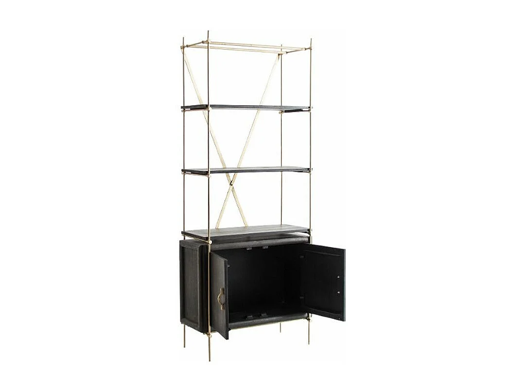 Bibliothèque 2 portes 3 étagères orme massif noir et métal doré Nood