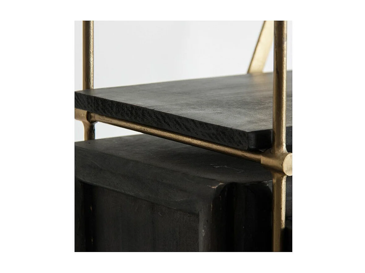 Bibliothèque 2 portes 3 étagères orme massif noir et métal doré Nood