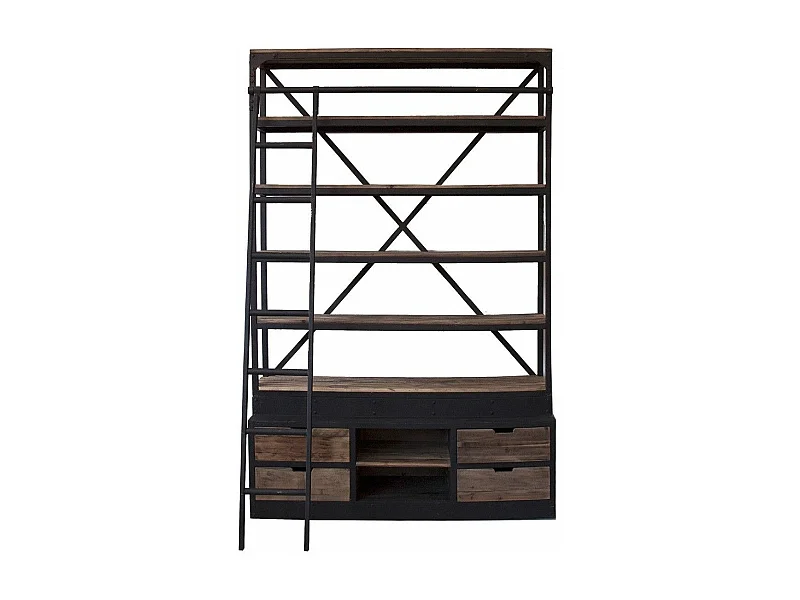 Librería industrial con escalera en madera maciza de pino y acero Stone negro 160 cm