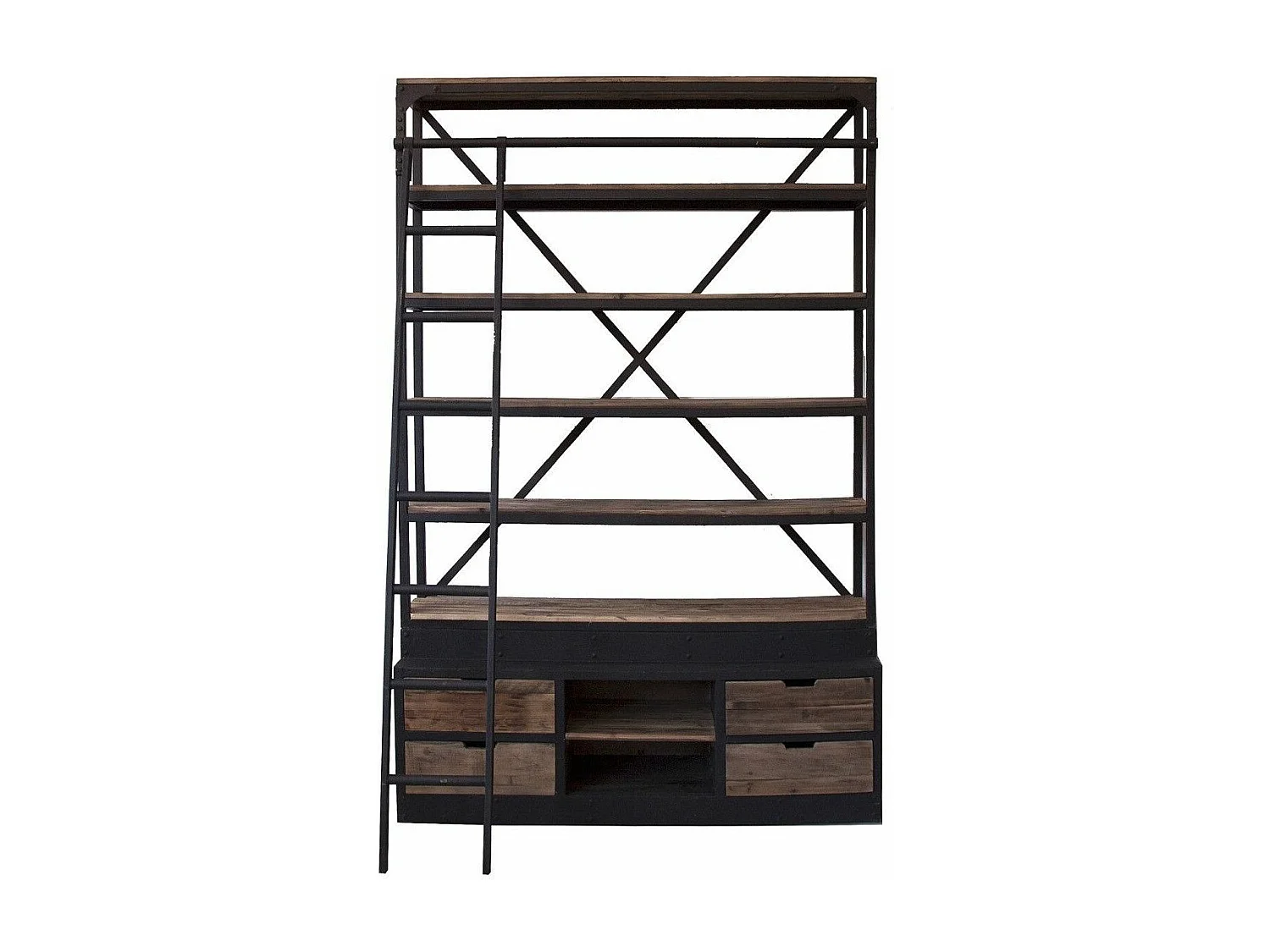 Librería industrial con escalera en madera maciza de pino y acero Stone negro 160 cm