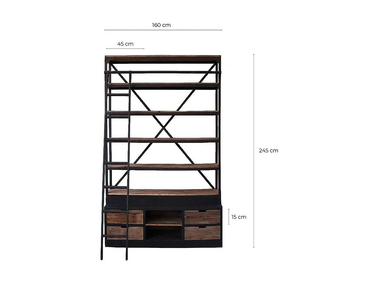 Librería industrial con escalera en madera maciza de pino y acero Stone negro 160 cm
