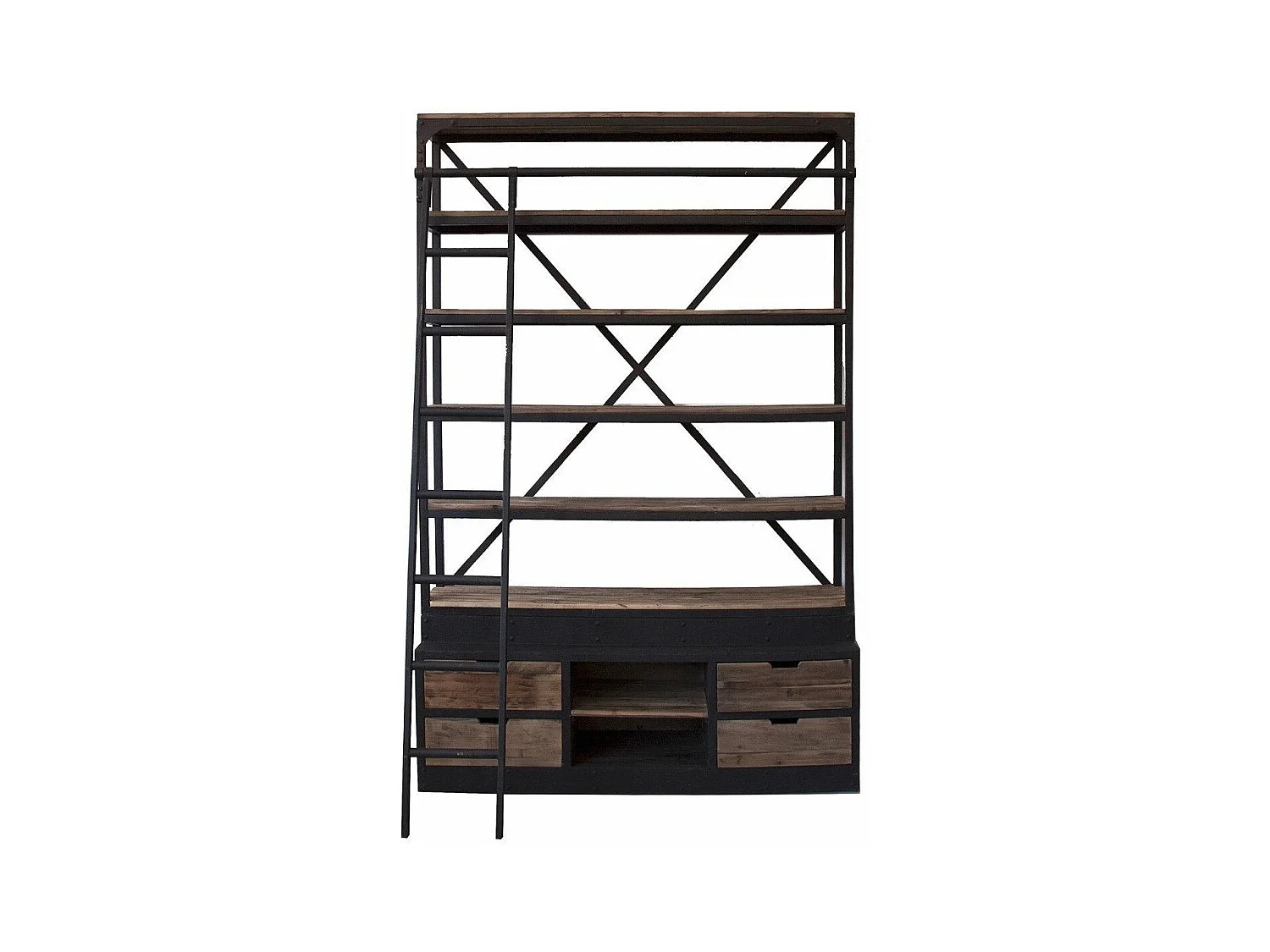 Bibliothèque industrielle avec échelle bois de Pin massif et acier noir Stone 160cm
