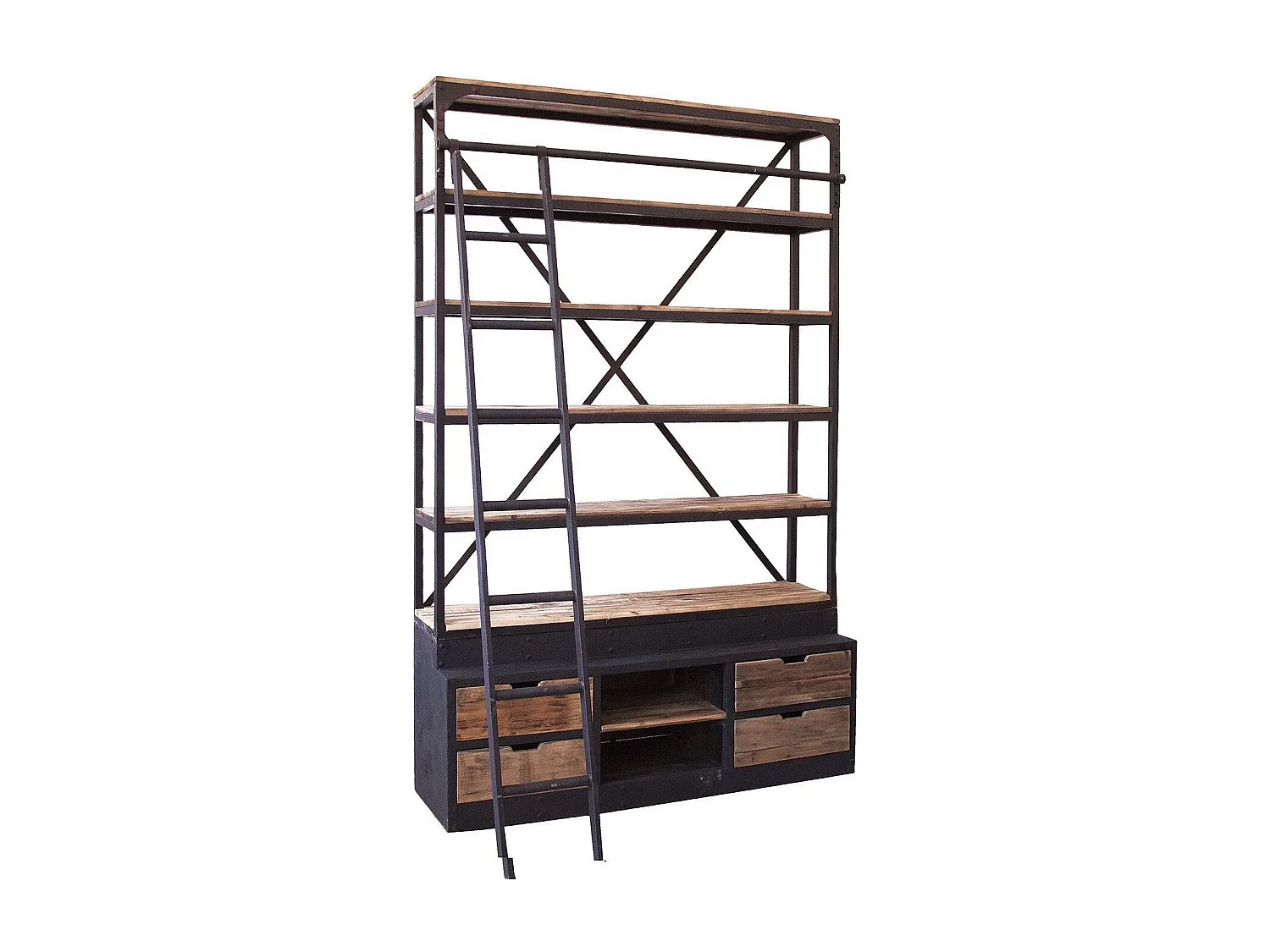 Librería industrial con escalera en madera maciza de pino y acero Stone negro 160 cm