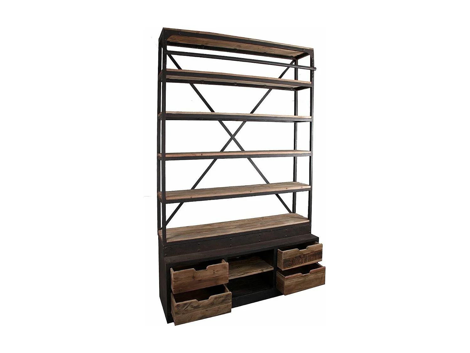 Librería industrial con escalera en madera maciza de pino y acero Stone negro 160 cm