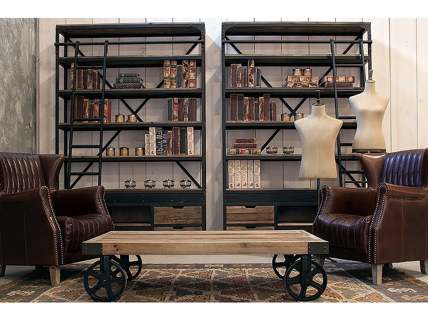 Librería industrial con escalera en madera maciza de pino y acero Stone negro 160 cm