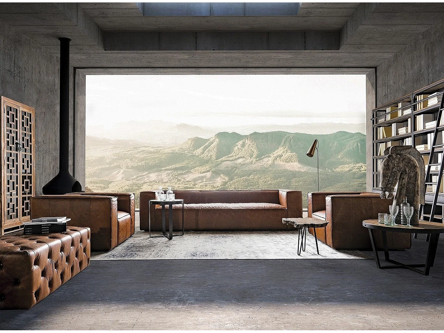 Librería industrial con escalera en madera maciza de pino y acero Stone negro 160 cm