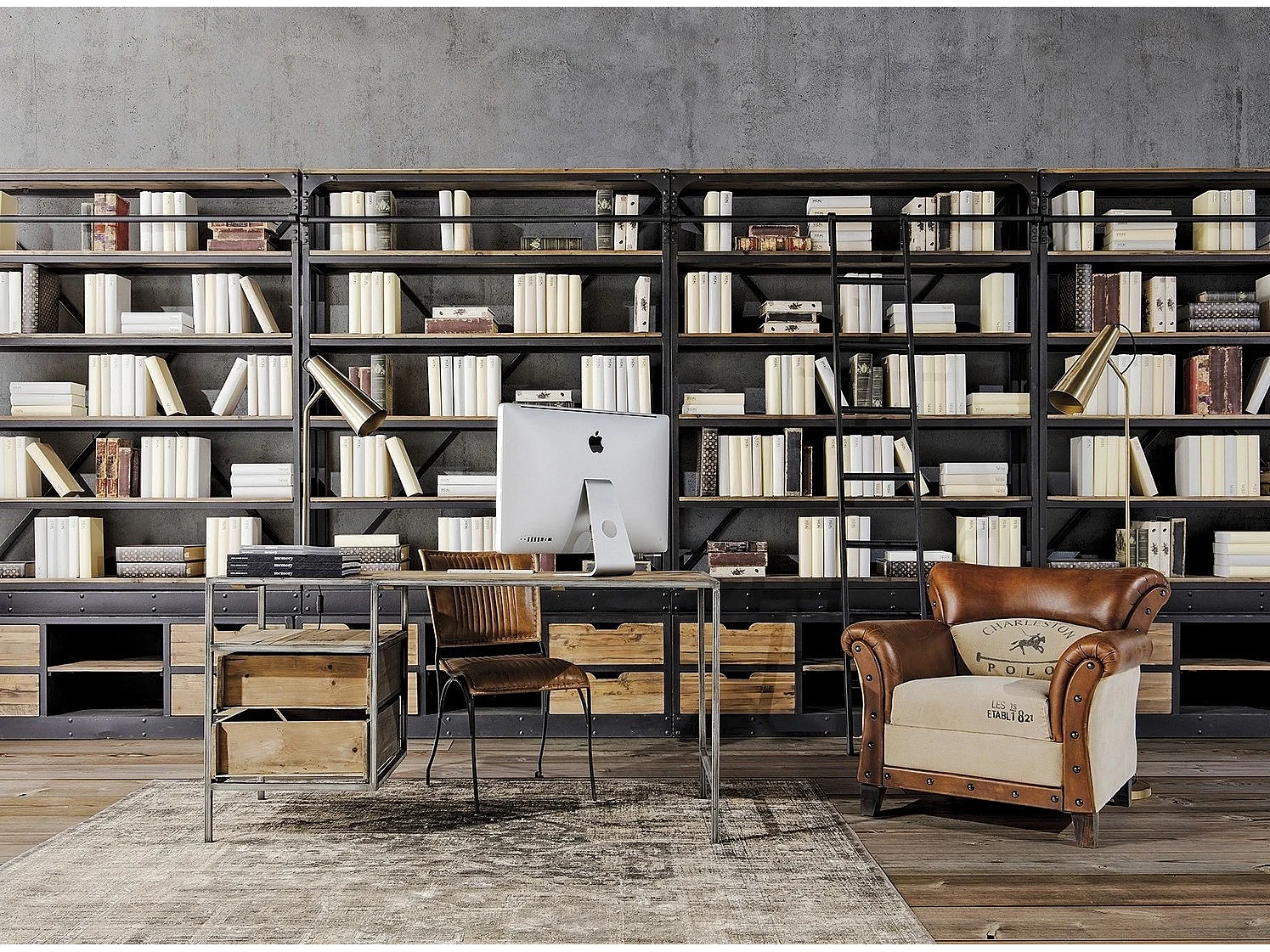 Librería industrial con escalera en madera maciza de pino y acero Stone negro 160 cm