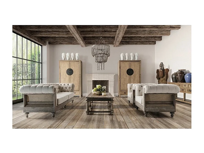 Canapé 3 places tissu beige et bois tropical clair vieilli Nothi