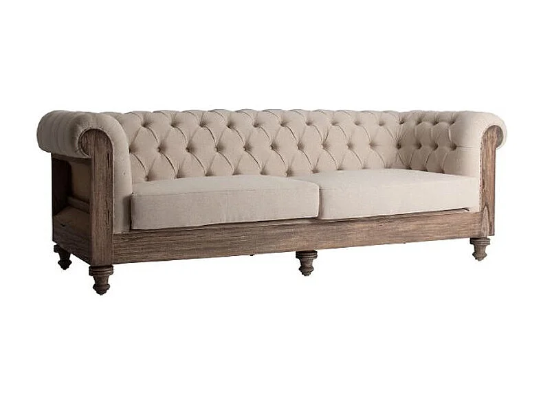 Canapé 3 places tissu beige et bois tropical clair vieilli Nothi