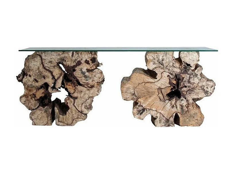 Console verre transparent et bois tropical brut Latika