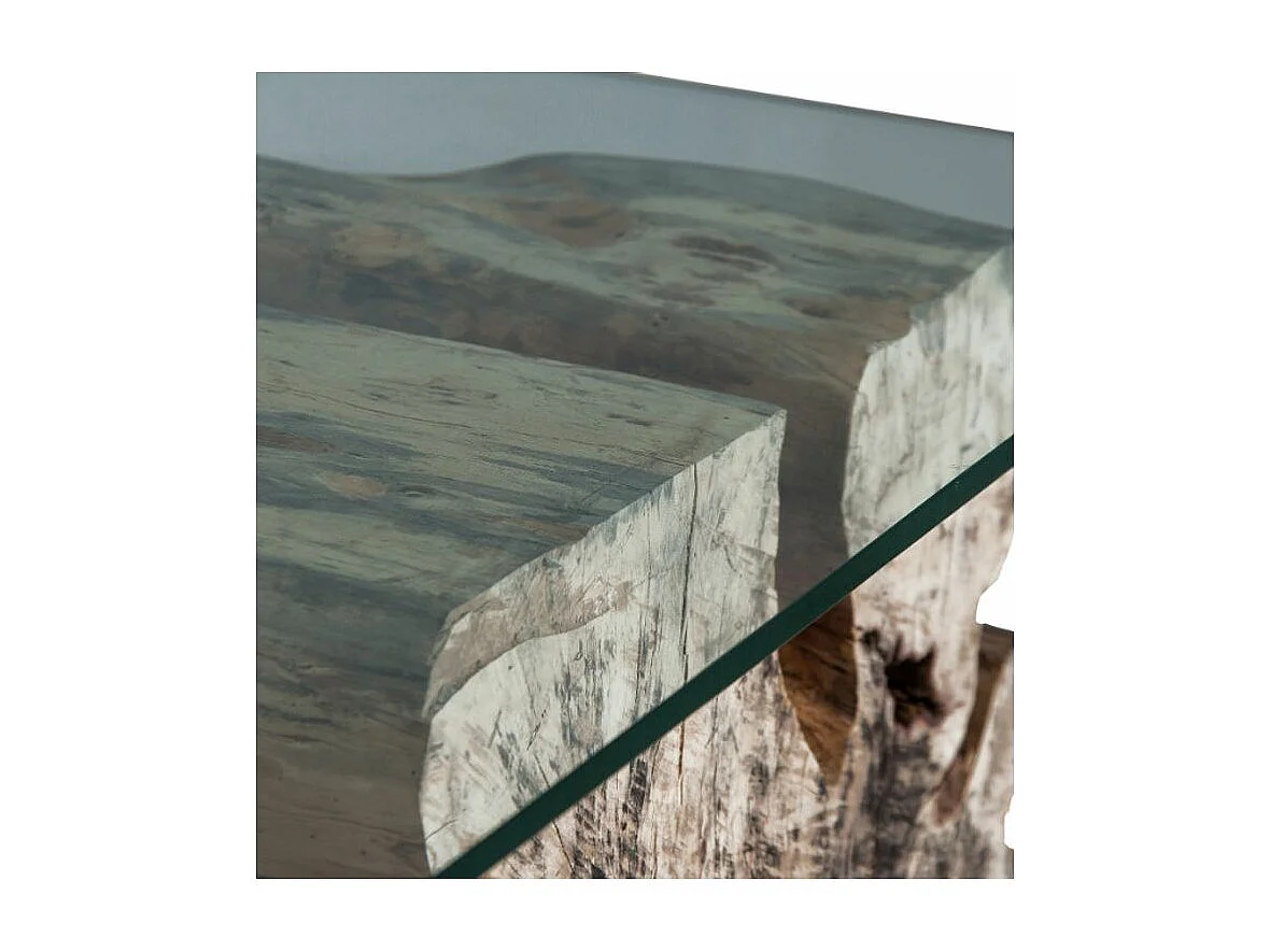 Console verre transparent et bois tropical brut Latika